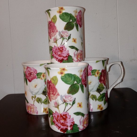 NEW Set of 4 (10 oz.) FINE PORCELAIN MUGS with PINK & WHITE ROSES - Picture 1 of 2